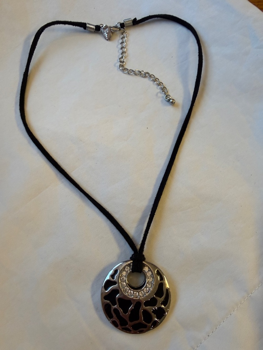Lia Sophia Silver Round Pendant Necklace with Black Enamel